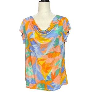Joie Top Blouse Orange Blue Tropical Floral Linen Summer Large Lightweight
